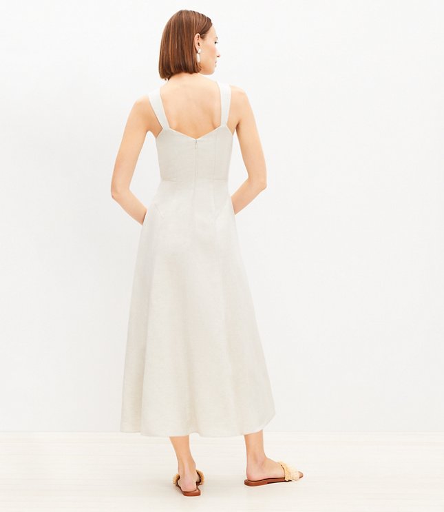 Linen Blend Seamed V-Neck Midi Dress