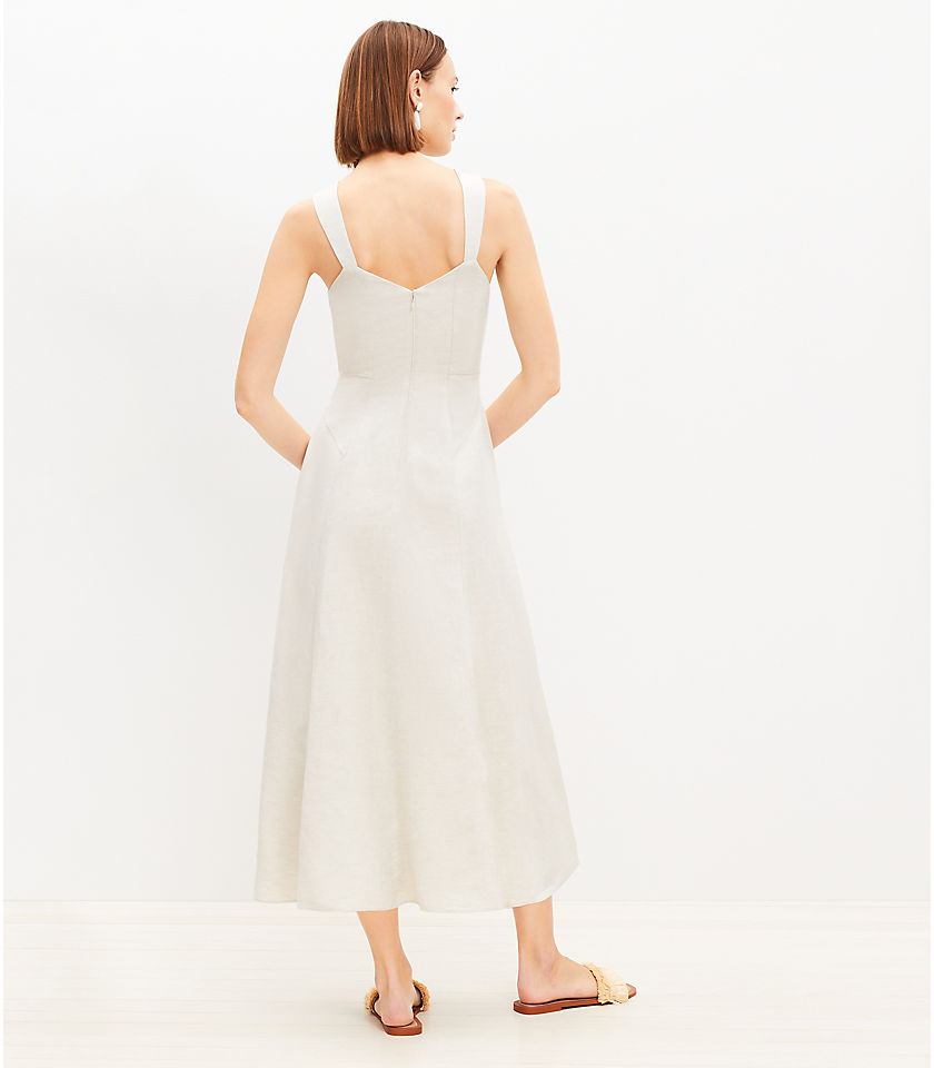 Linen Blend Seamed V-Neck Midi Dress