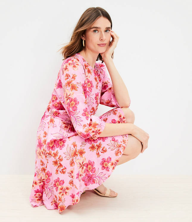 Petite Floral Button Puff Sleeve Midi Dress