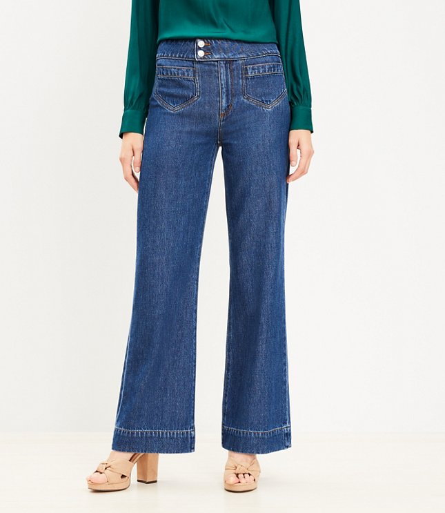 Loft Petite Cuffed High Rise Wide Leg Crop Jeans Bright Indigo