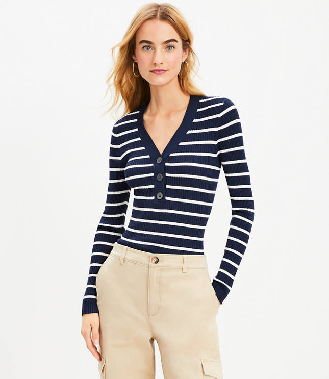 Petite Stripe Ribbed Henley Sweater