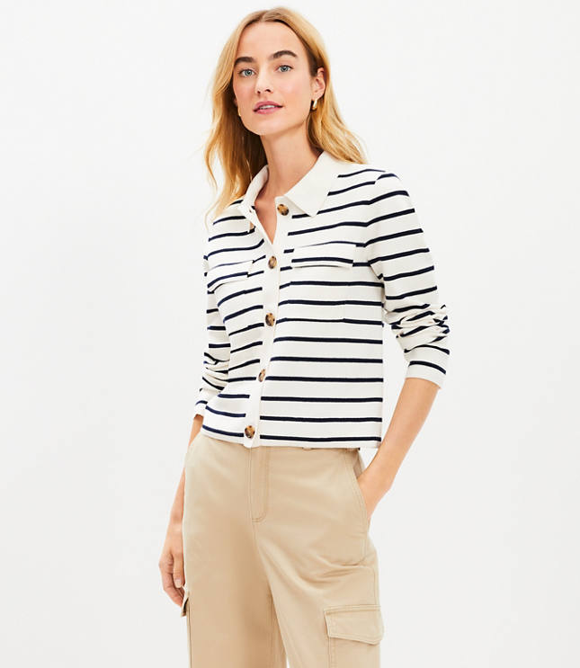 Petite Stripe Collared Sweater Jacket