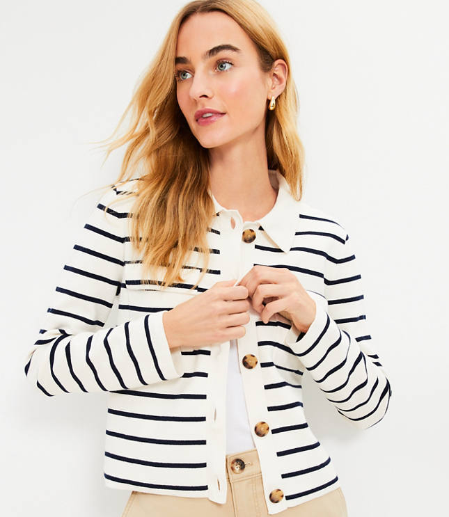 Petite Stripe Collared Sweater Jacket