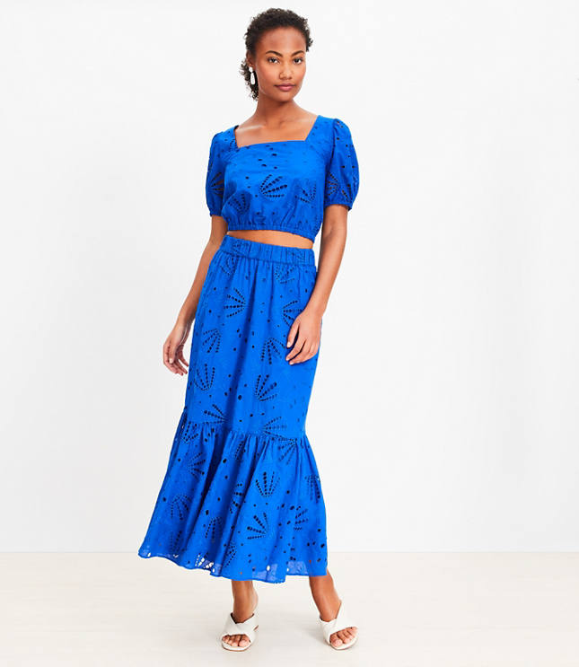 Embroidered Eyelet Flounce Maxi Skirt