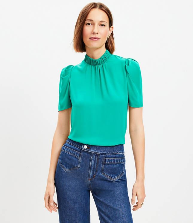 Jacquard Tie Keyhole Ruched Sleeve Top