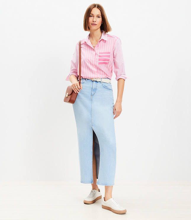 Petite Denim Maxi Skirt in Light Wash