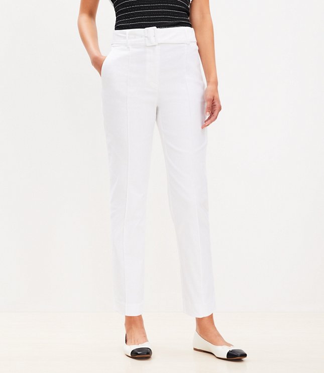 Petite Pintucked Belted Slim Pants in Stretch Linen Blend