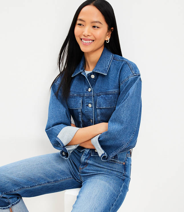 Petite Denim Trucker Jacket in Light Mid Indigo Wash