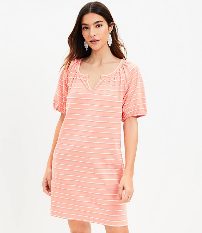 Striped Jacquard Puff Sleeve Dress - White