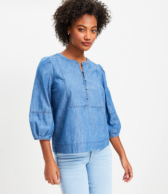 Petite Chambray Bubble Sleeve Top