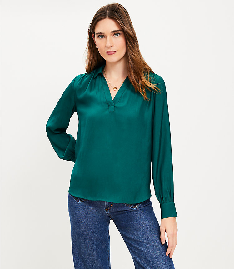 Petite Collared V-Neck Blouse image number 0