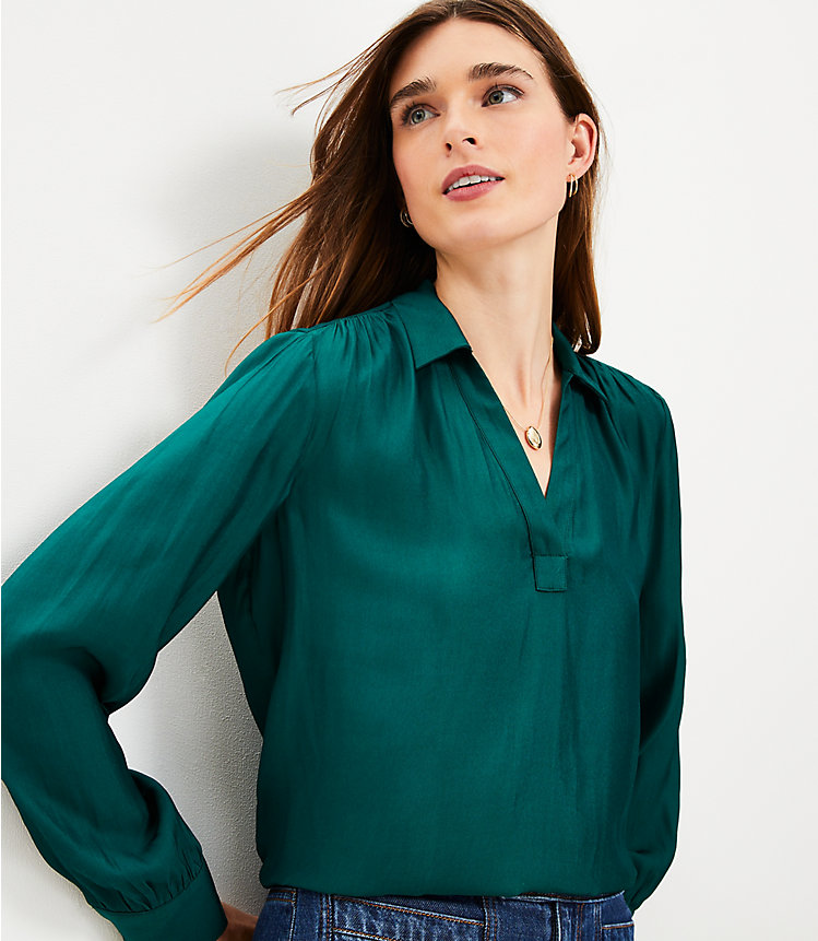 Petite Collared V-Neck Blouse image number 1