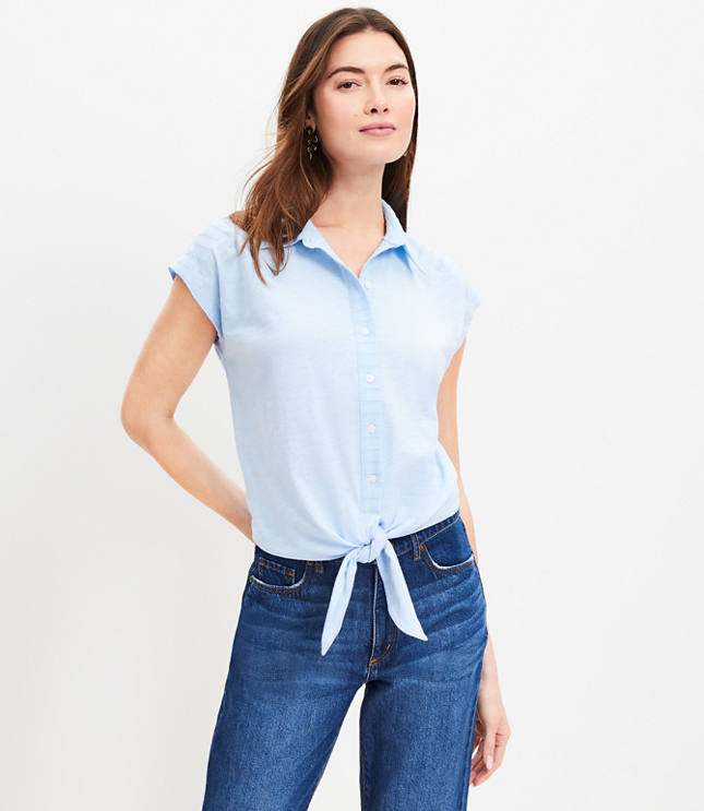 Dobby Stripe Modern Tie Front Mixed Media Top