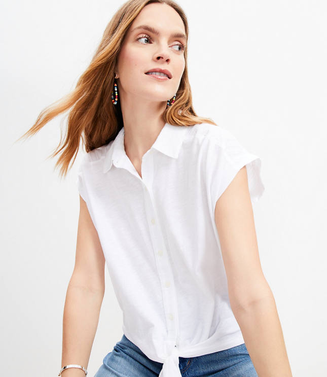 Dobby Stripe Modern Tie Front Mixed Media Top