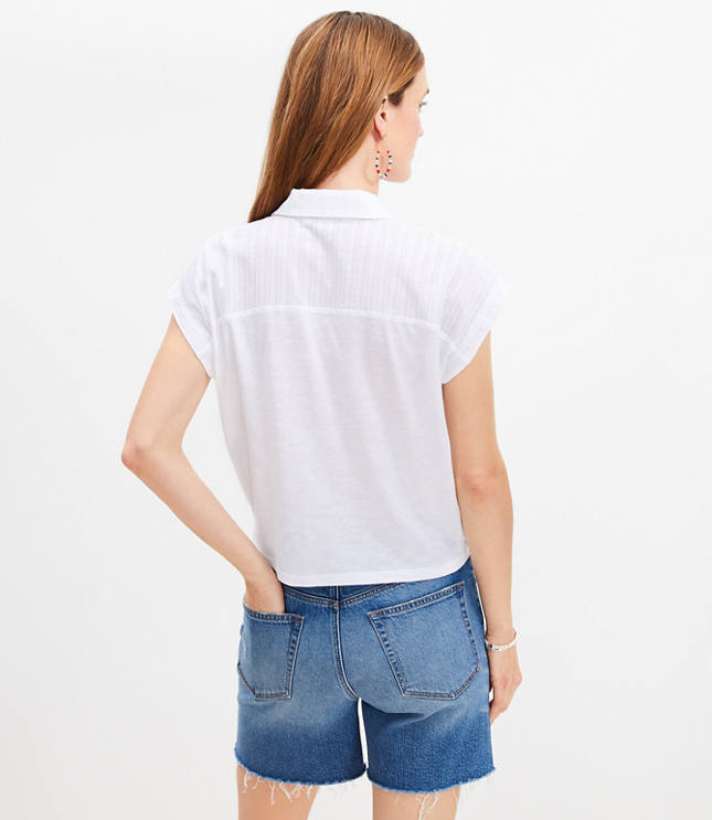 Dobby Stripe Modern Tie Front Mixed Media Top