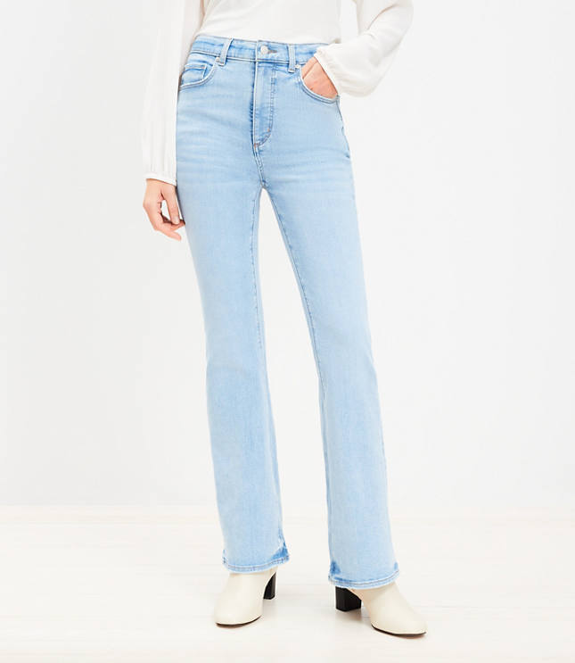 Petite Curvy Let Down Hem High Rise Slim Flare Jeans in Bright Mid Indigo Wash