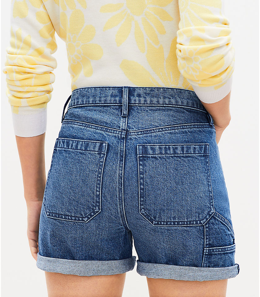 Petite High Rise Carpenter Denim Roll Shorts in Authentic Vintage Mid Wash