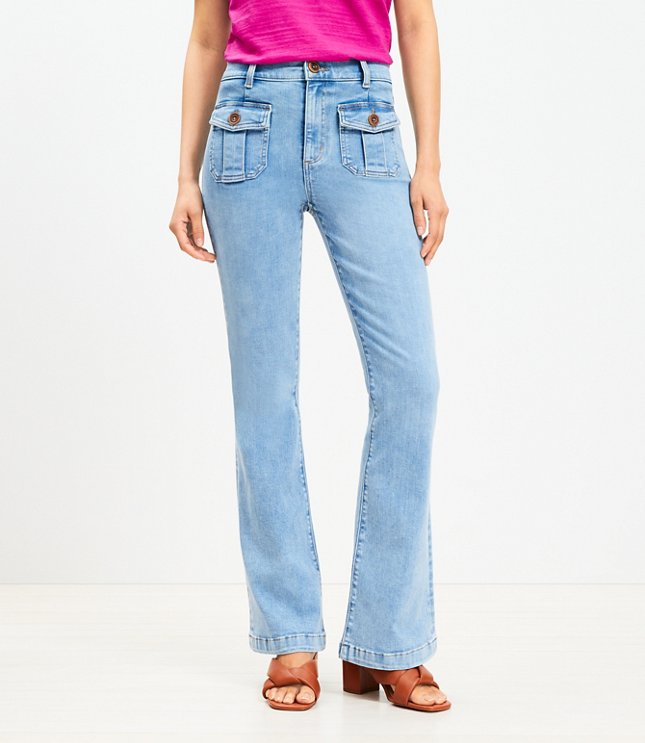High Rise Patch Pocket Slim Flare Jeans in Light Wash