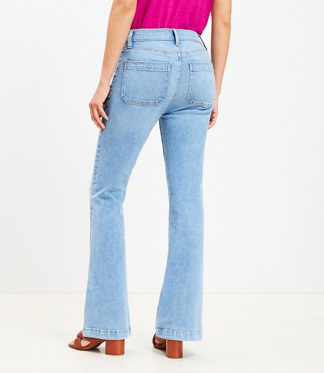 High Rise Patch Pocket Slim Flare Jeans in Light Wash