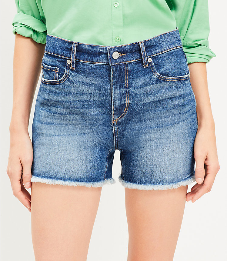 Frayed High Rise Cut Off Denim Shorts in Authentic Dark Wash image number 1