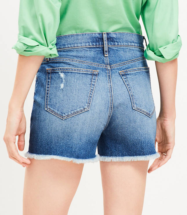 Frayed High Rise Cut Off Denim Shorts in Authentic Dark Wash