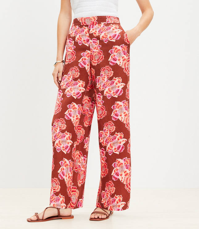 Fluid Pull On Wide Leg Pants Textured Floral Linen Blend