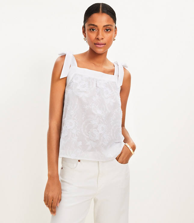 Embroidered Tie Strap Tank Top - White