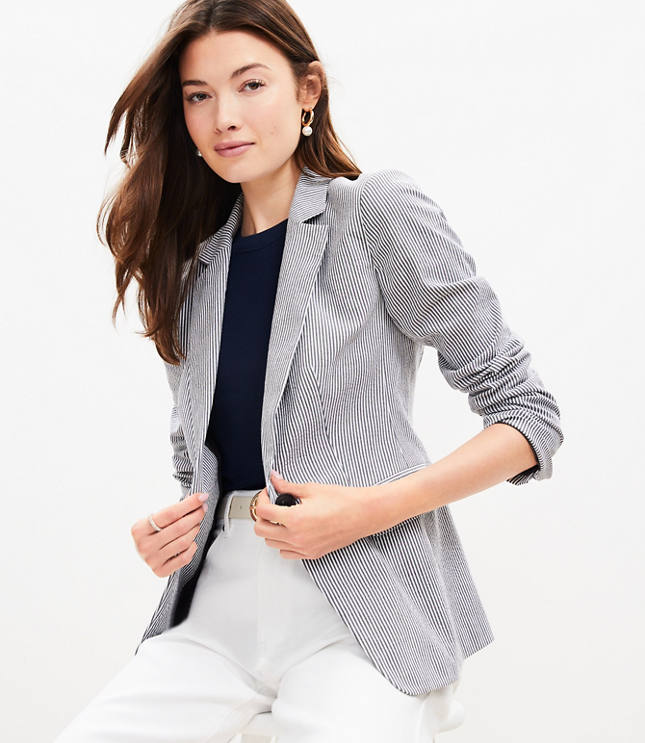 Petite Striped Linen Blend Modern Blazer - White