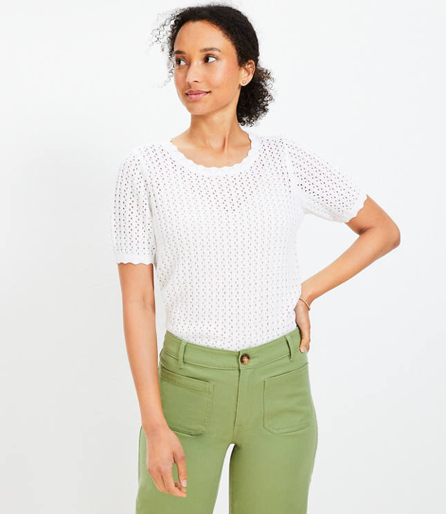 Scalloped Keyhole Back Sweater Tee - White