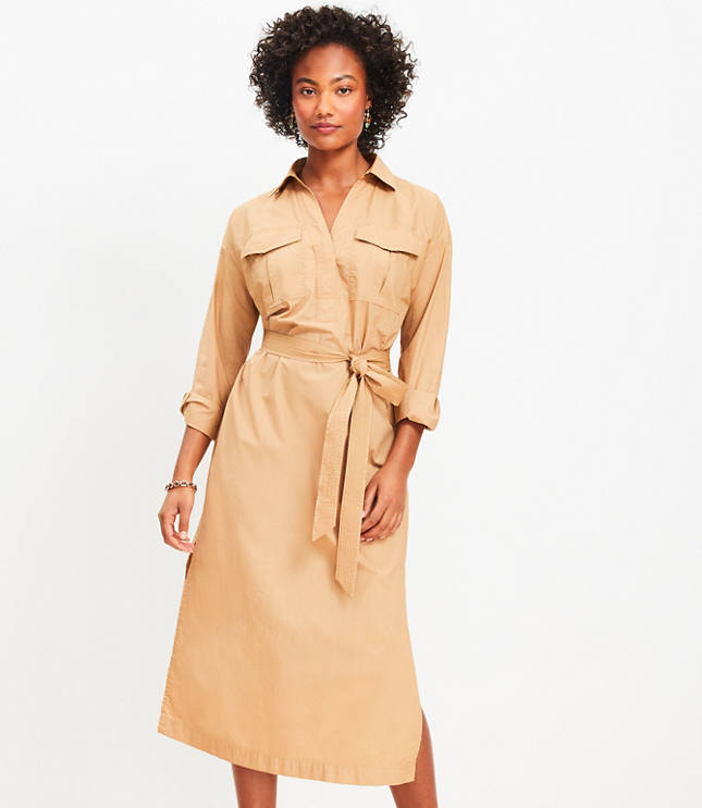 Loft Petite Belted Pocket Midi Shirtdress Size 0 Perfect Camel Women s