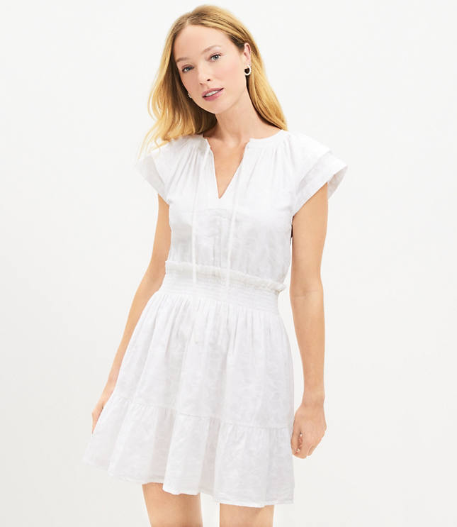 LOFT Smocked Tiered Tie Neck Dress