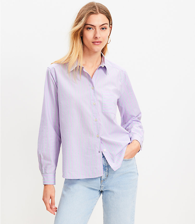 Petite Stripe Cotton Blend Relaxed Pocket Shirt image number 0