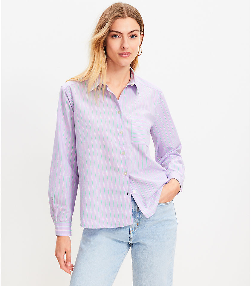 Petite Stripe Cotton Blend Relaxed Pocket Shirt