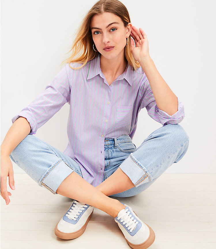 Petite Stripe Cotton Blend Relaxed Pocket Shirt image number 1