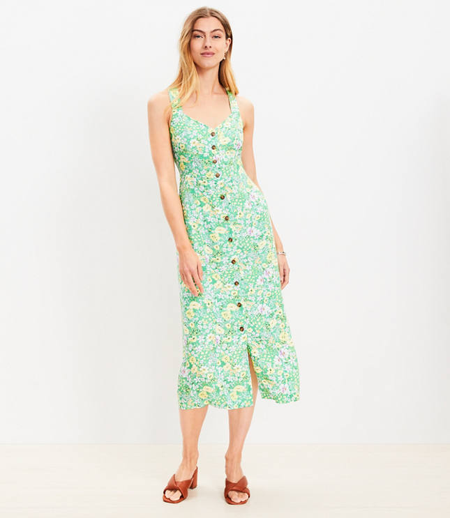 Petite Floral Crossover Back Button Midi Dress