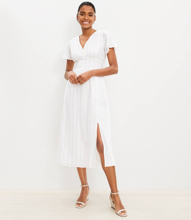 Shimmer Stripe Flutter Sleeve V-Neck Midi Dress