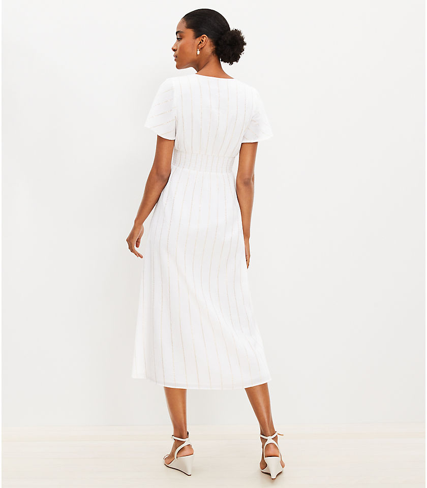 Shimmer Stripe Flutter Sleeve V-Neck Midi Dress