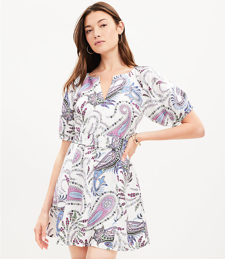 Petite Paisley Linen Blend Belted Puff Sleeve Dress image number 0
