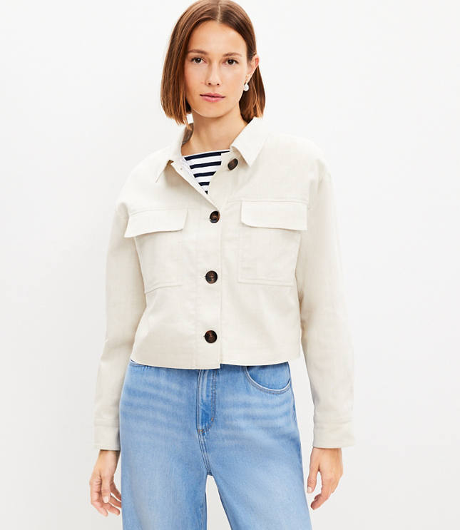 Petite Linen Cotton Cropped Patch Pocket Jacket