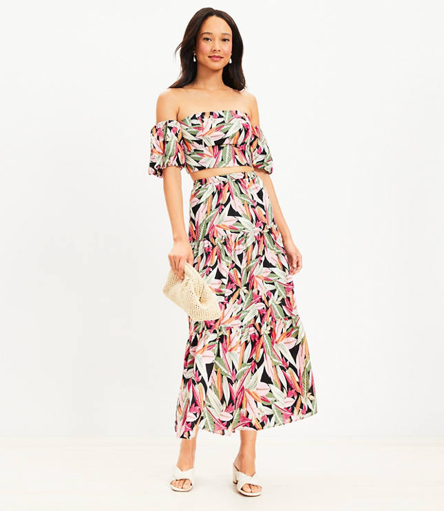 LOFT Beach Palm Tiered Linen Midi Skirt