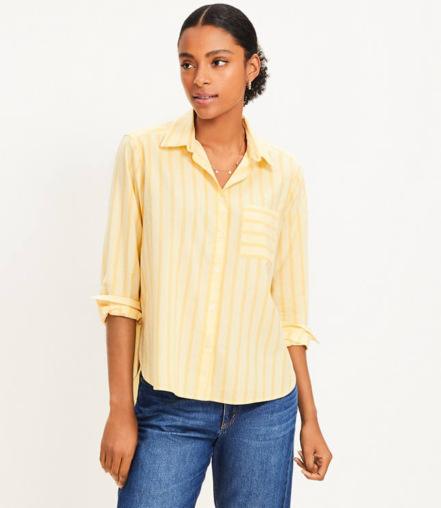 Petite Stripe Cotton Blend Relaxed Pocket Shirt