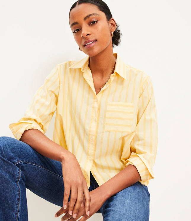 Petite Stripe Cotton Blend Relaxed Pocket Shirt