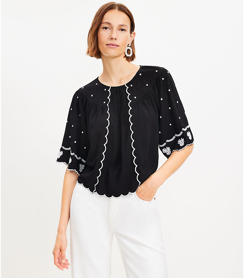 Petite Embroidered Scalloped Blouse