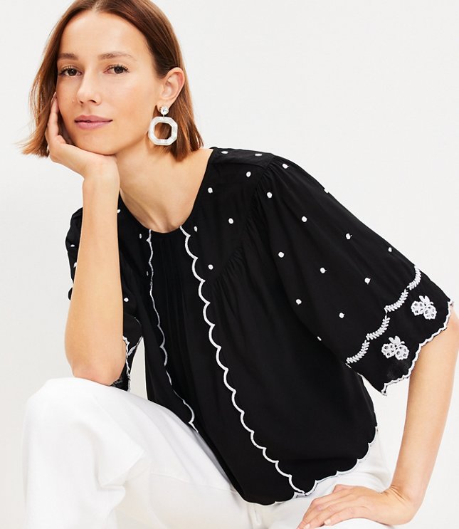 Petite Embroidered Scalloped Blouse