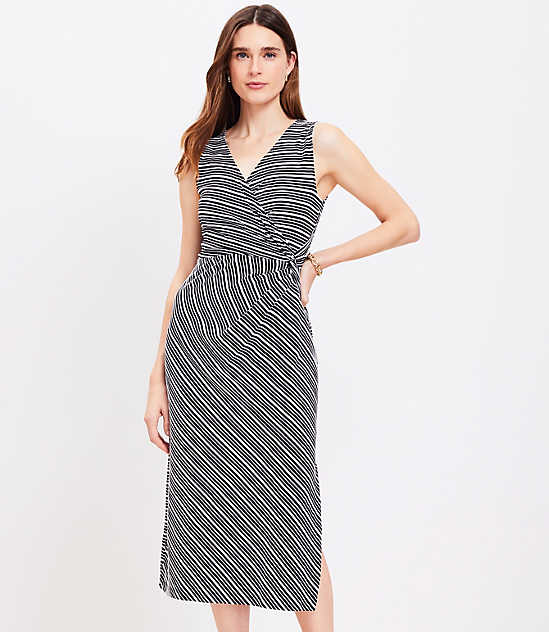 Petite Stripe Knotted Crossover Midi Dress