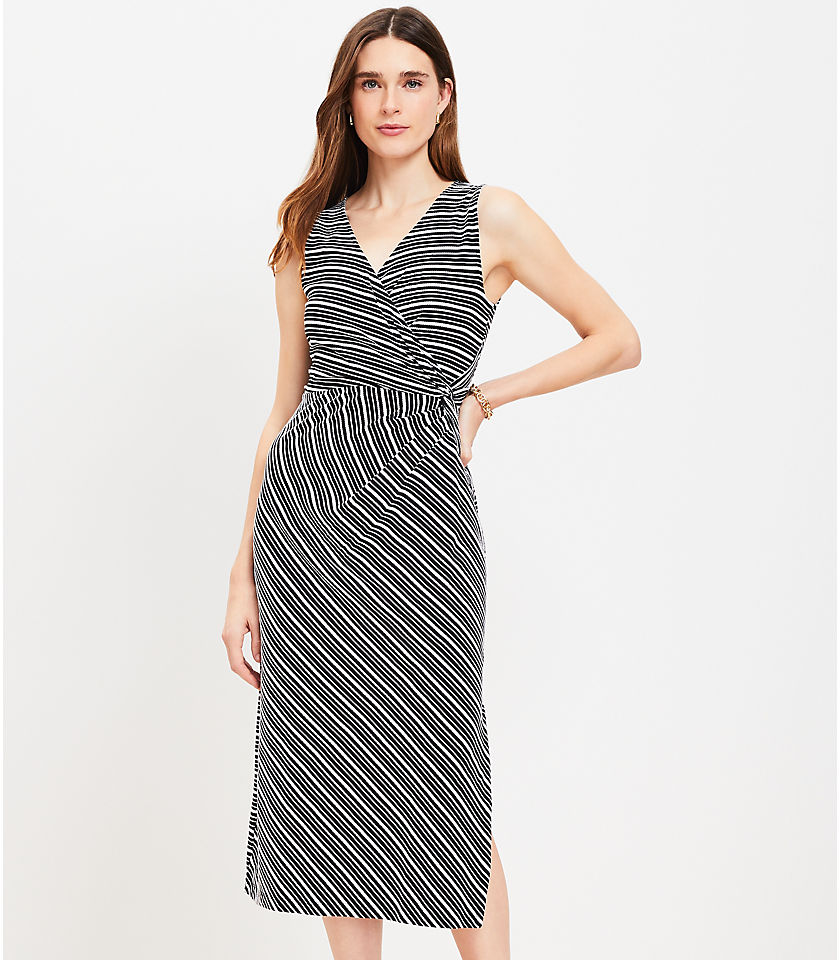 Petite Stripe Knotted Crossover Midi Dress