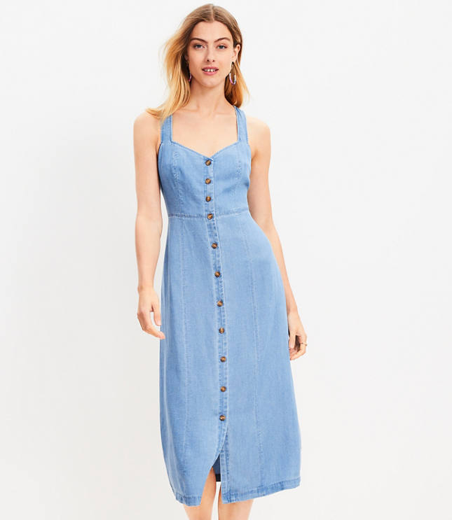 Petite Chambray Crossover Back Button Midi Dress