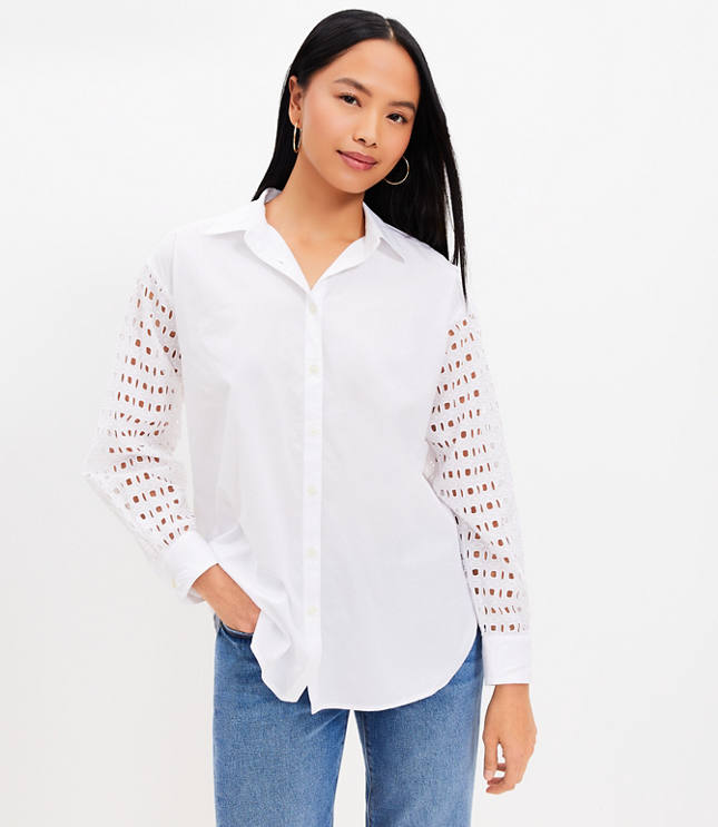 Petite Eyelet Sleeve Cotton Blend Oversized Shirt