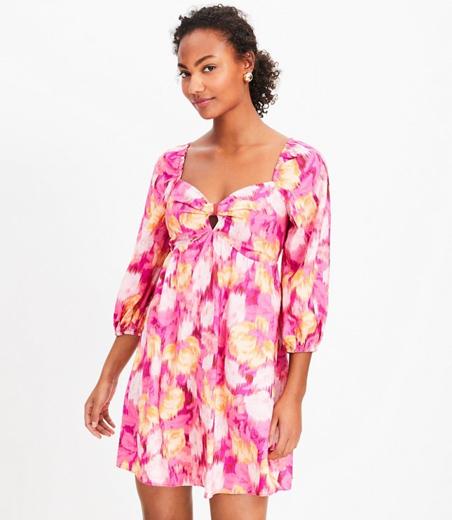 Floral Ikat Knotted Long Sleeve Swing Dress