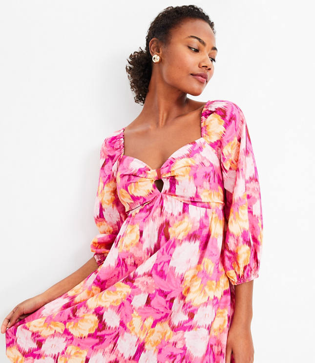 Floral Ikat Knotted Long Sleeve Swing Dress